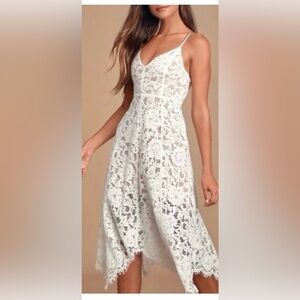 Lulu's White Lace Spaghetti-Strap Midi Dress